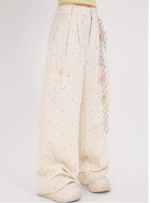 Star Candy Series Kawaii Fashion Vitality Macaron Colorful Star Print Embroidered Casual Wide Leg Pants