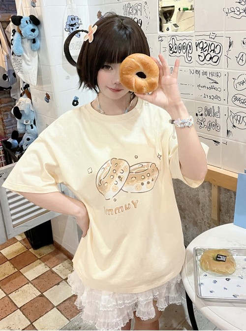 Bear Bagel Series Kawaii Fashion Summer Apricot Pure Cotton Simple Cute Print Loose Short Sleeve T-Shirt
