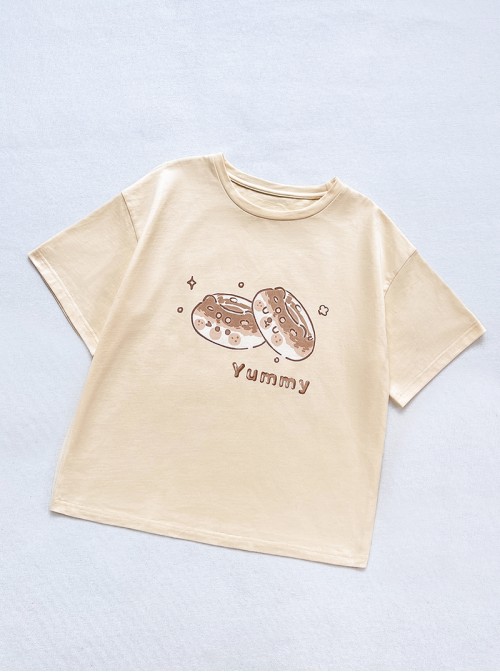Bear Bagel Series Kawaii Fashion Summer Apricot Pure Cotton Simple Cute Print Loose Short Sleeve T-Shirt