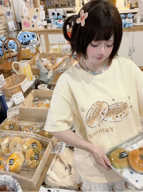 Bear Bagel Series Kawaii Fashion Summer Apricot Pure Cotton Simple Cute Print Loose Short Sleeve T-Shirt