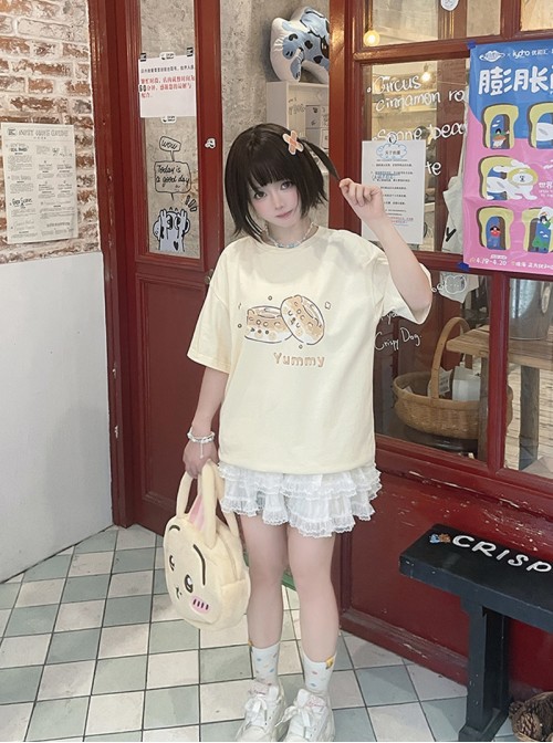 Bear Bagel Series Kawaii Fashion Summer Apricot Pure Cotton Simple Cute Print Loose Short Sleeve T-Shirt