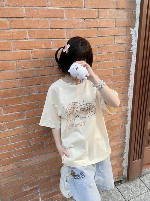 Bear Bagel Series Kawaii Fashion Summer Apricot Pure Cotton Simple Cute Print Loose Short Sleeve T-Shirt