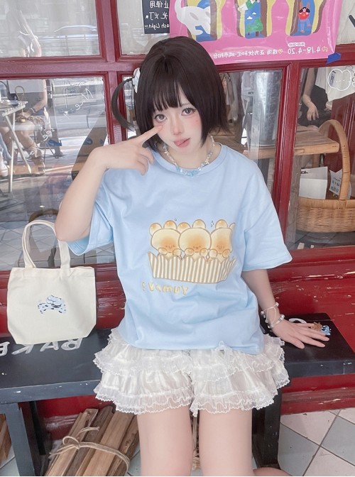 Bunny Bun Series Kawaii Fashion Simple Daily Blue Relaxed Print Round Neck Short Sleeve T-Shirt