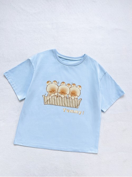Bunny Bun Series Kawaii Fashion Simple Daily Blue Relaxed Print Round Neck Short Sleeve T-Shirt