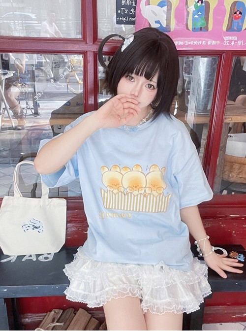 Bunny Bun Series Kawaii Fashion Simple Daily Blue Relaxed Print Round Neck Short Sleeve T-Shirt