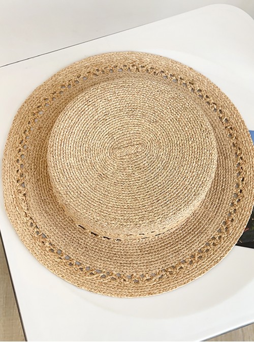 Raffia Handwoven Kawaii Fashion Women Summer Beach Vacation Sun Protection Flat Top Straw Hat