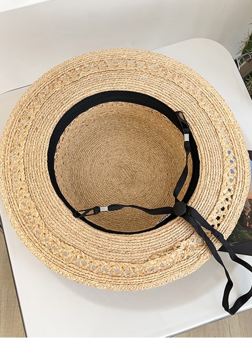 Raffia Handwoven Kawaii Fashion Women Summer Beach Vacation Sun Protection Flat Top Straw Hat
