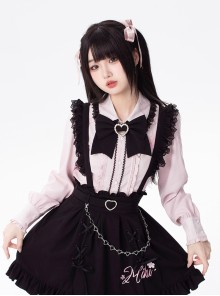 Sakura Jirai Onna Kawaii Fashion Sweet Cool Black Pink Shirt Suspender Skirt Pearl Chain Bowknot Tie Set