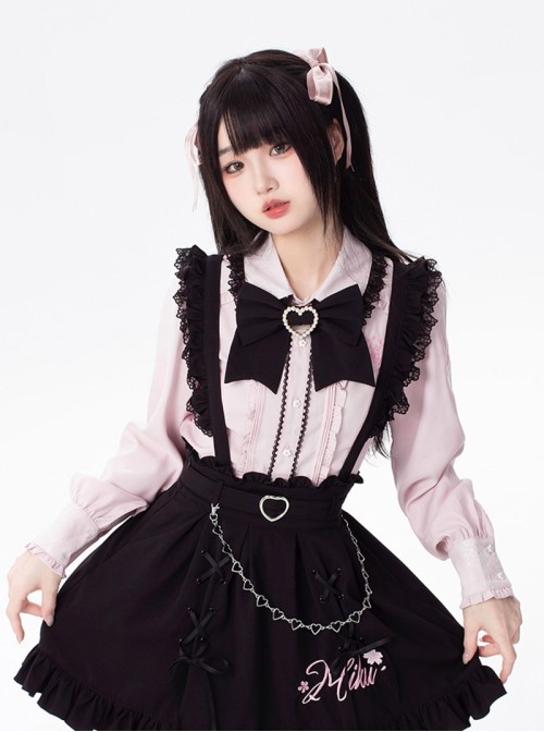 Sakura Jirai Onna Kawaii Fashion Sweet Cool Black Pink Shirt Suspender Skirt Pearl Chain Bowknot Tie Set