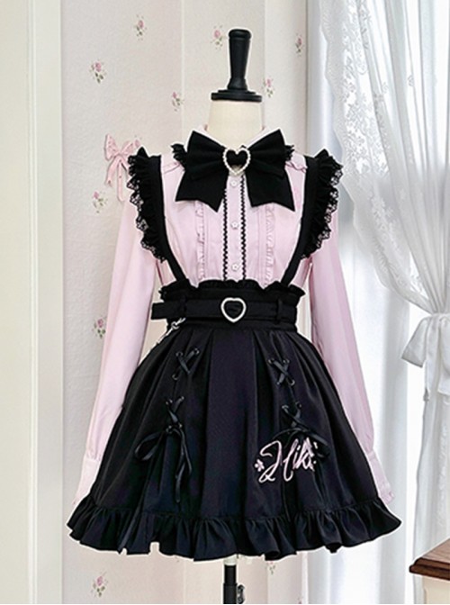 Sakura Jirai Onna Kawaii Fashion Sweet Cool Black Pink Shirt Suspender Skirt Pearl Chain Bowknot Tie Set