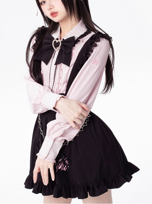 Sakura Jirai Onna Kawaii Fashion Sweet Cool Black Pink Shirt Suspender Skirt Pearl Chain Bowknot Tie Set
