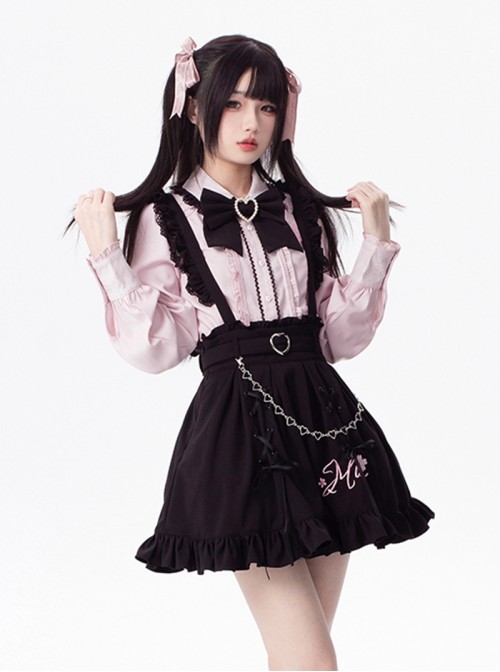 Sakura Jirai Onna Kawaii Fashion Sweet Cool Black Pink Shirt Suspender Skirt Pearl Chain Bowknot Tie Set