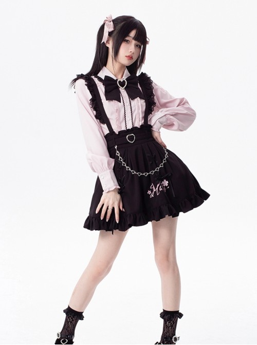 Sakura Jirai Onna Kawaii Fashion Sweet Cool Black Pink Shirt Suspender Skirt Pearl Chain Bowknot Tie Set