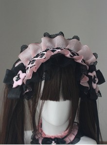 Sweet Cool Black Pink Lolita Kawaii Fashion Star Bowknot Cross Strap Ruffled Lace Hairband