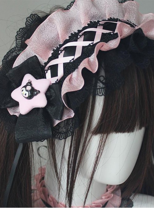Sweet Cool Black Pink Lolita Kawaii Fashion Star Bowknot Cross Strap Ruffled Lace Hairband