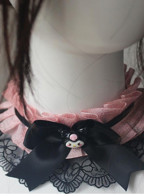 Japanese Sweet Cool Lolita Kawaii Fashion Black Pink Jirai Onna Bowknot Lace Ruffle Choker