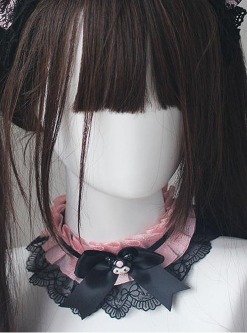 Japanese Sweet Cool Lolita Kawaii Fashion Black Pink Jirai Onna Bowknot Lace Ruffle Choker