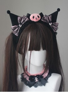 Sweet Cool Lolita Kawaii Fashion Black Pink Lace Bowknot Skull Doll Ears Jirai Onna Headband