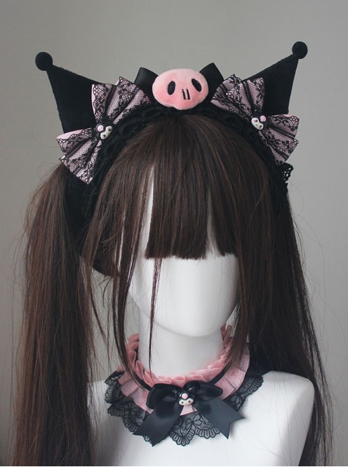 Sweet Cool Lolita Kawaii Fashion Black Pink Lace Bowknot Skull Doll Ears Jirai Onna Headband