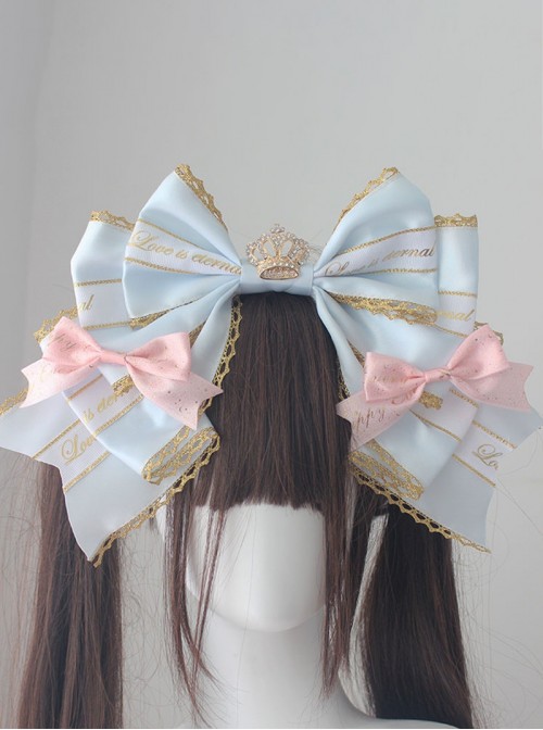 Striped Gold Embossed Sweet Lolita Diamond Crown Luxury Large Bowknot Handcrafted Headband
