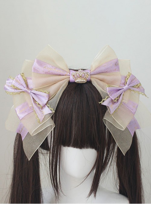 Striped Gold Embossed Sweet Lolita Diamond Crown Luxury Large Bowknot Handcrafted Headband