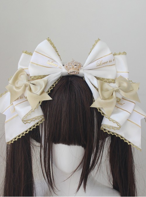 Striped Gold Embossed Sweet Lolita Diamond Crown Luxury Large Bowknot Handcrafted Headband