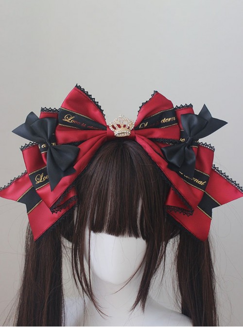 Striped Gold Embossed Sweet Lolita Diamond Crown Luxury Large Bowknot Handcrafted Headband