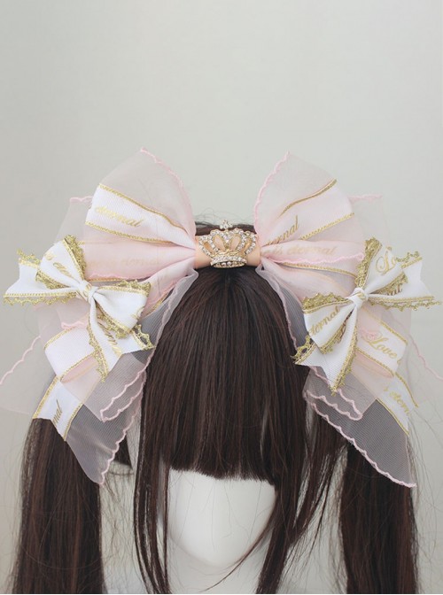 Striped Gold Embossed Sweet Lolita Diamond Crown Luxury Large Bowknot Handcrafted Headband