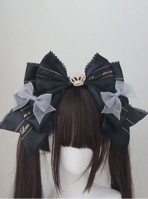 Striped Gold Embossed Sweet Lolita Diamond Crown Luxury Large Bowknot Handcrafted Headband