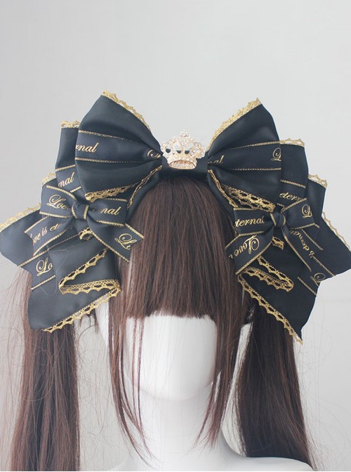 Striped Gold Embossed Sweet Lolita Diamond Crown Luxury Large Bowknot Handcrafted Headband