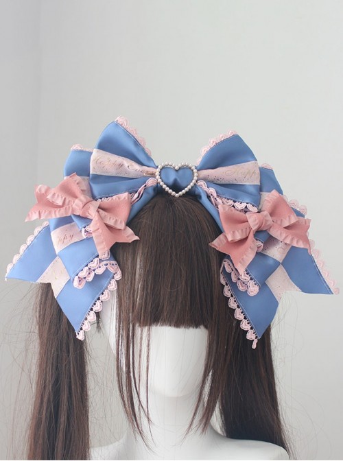 Luxurious Large Bowknot Sweet Lolita Handcrafted Striped Gold Embossed Diamond Heart Headband