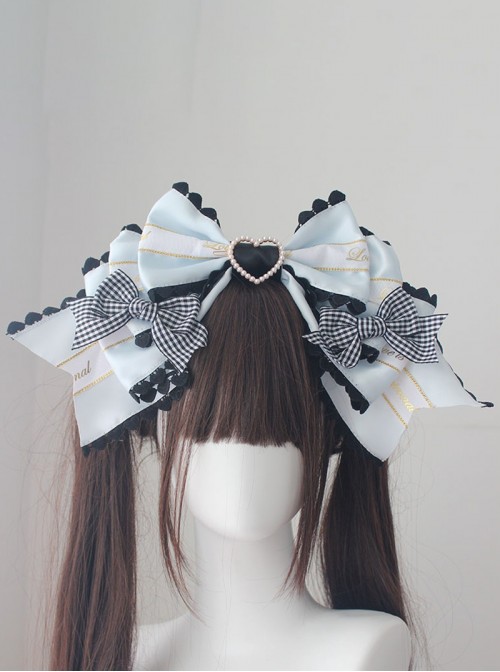 Luxurious Large Bowknot Sweet Lolita Handcrafted Striped Gold Embossed Diamond Heart Headband