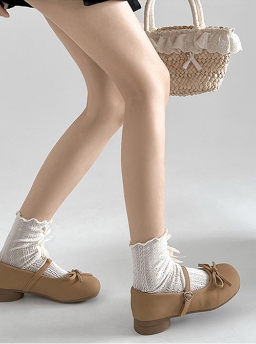 Elegant French Style Daily Commute Wear Sweet Lolita Bowknot Flat Heel Mary Jane Shoes
