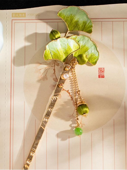 Chinese Style Classic Lolita Green Spring Summer Intangible Cultural Heritage Velvet Flower Ginkgo Leaf Hairpin