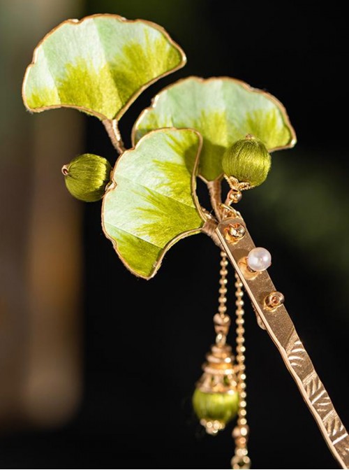 Chinese Style Classic Lolita Green Spring Summer Intangible Cultural Heritage Velvet Flower Ginkgo Leaf Hairpin