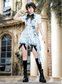 Space Time Alice Series Ouji Fashion Prince Style Lolita Blue White Grid Shirt Suspender Pants Bowknot Ribbon Set