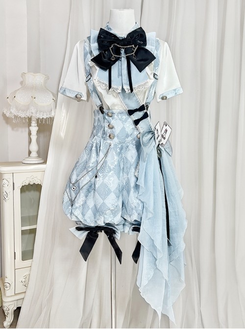 Space Time Alice Series Ouji Fashion Prince Style Lolita Blue White Grid Shirt Suspender Pants Bowknot Ribbon Set