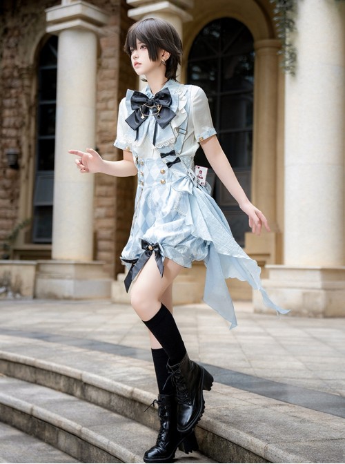 Space Time Alice Series Ouji Fashion Prince Style Lolita Blue White Grid Shirt Suspender Pants Bowknot Ribbon Set