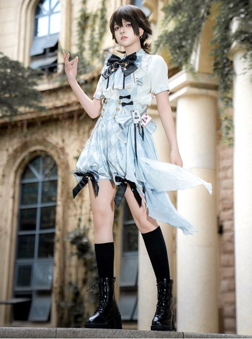 Space Time Alice Series Ouji Fashion Prince Style Lolita Blue White Grid Shirt Suspender Pants Bowknot Ribbon Set