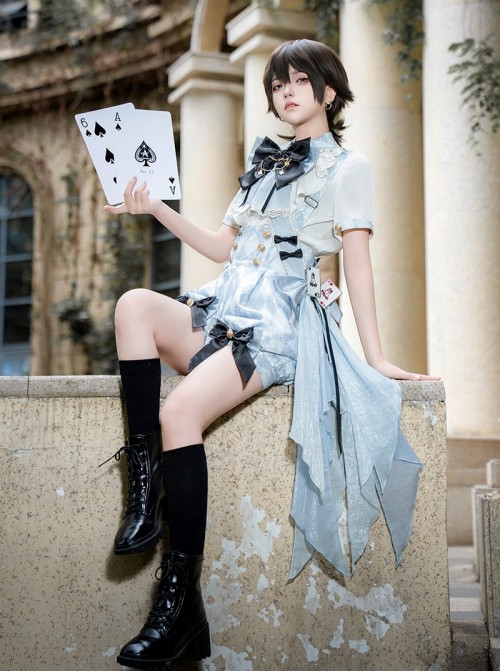 Space Time Alice Series Ouji Fashion Prince Style Lolita Blue White Grid Shirt Suspender Pants Bowknot Ribbon Set
