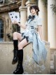 Space Time Alice Series Ouji Fashion Prince Style Lolita Blue White Grid Shirt Suspender Pants Bowknot Ribbon Set