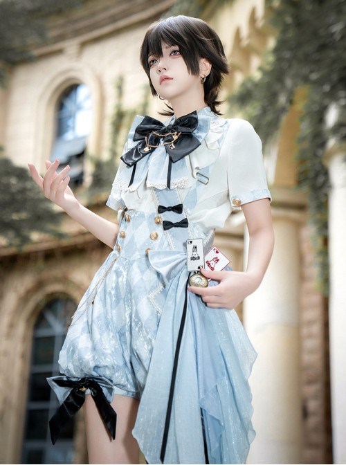 Space Time Alice Series Ouji Fashion Prince Style Lolita Blue White Grid Shirt Suspender Pants Bowknot Ribbon Set