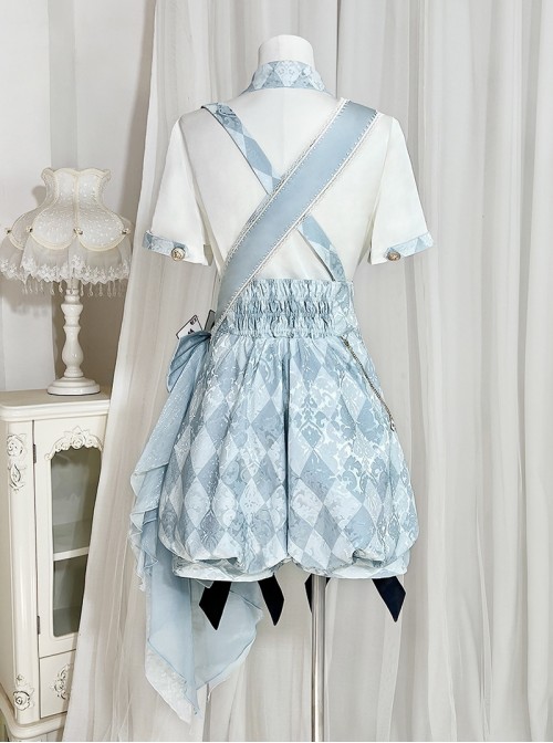 Space Time Alice Series Ouji Fashion Prince Style Lolita Blue White Grid Shirt Suspender Pants Bowknot Ribbon Set