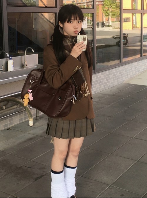 School Sakura Girl Kawaii Fashion British Style Student Commute Cute Versatile PU Uniform Bag