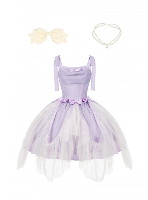 Foam Sea Series Classic Lolita Elegant Rose Fishbone Waist Dress Tulle skirt Necklace Headband Set
