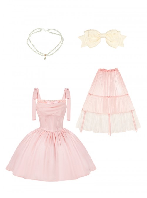 Foam Sea Series Classic Lolita Elegant Rose Fishbone Waist Dress Tulle skirt Necklace Headband Set