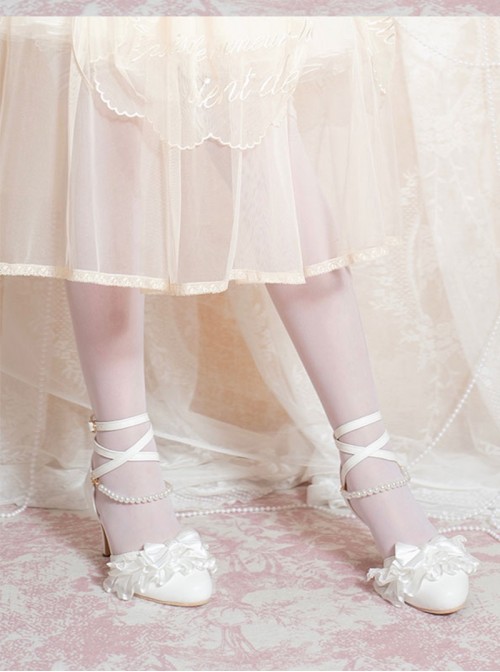 Summer Breeze Series Classic Lolita Elegant Sweet Lace Pearl Chain Bow Pointed Toe Mid Heel Sandals