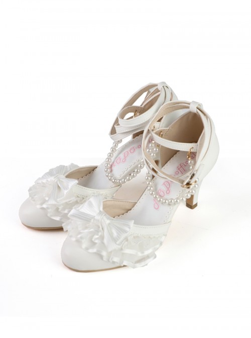 Summer Breeze Series Classic Lolita Elegant Sweet Lace Pearl Chain Bow Pointed Toe Mid Heel Sandals