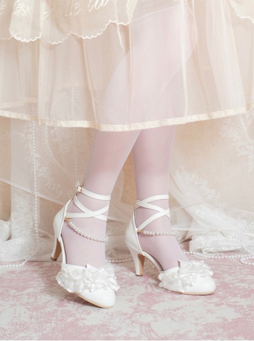 Summer Breeze Series Classic Lolita Elegant Sweet Lace Pearl Chain Bow Pointed Toe Mid Heel Sandals