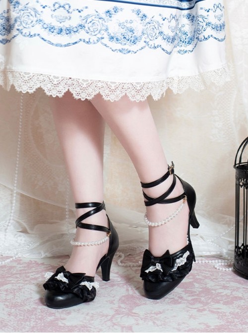 Summer Breeze Series Classic Lolita Elegant Sweet Lace Pearl Chain Bow Pointed Toe Mid Heel Sandals